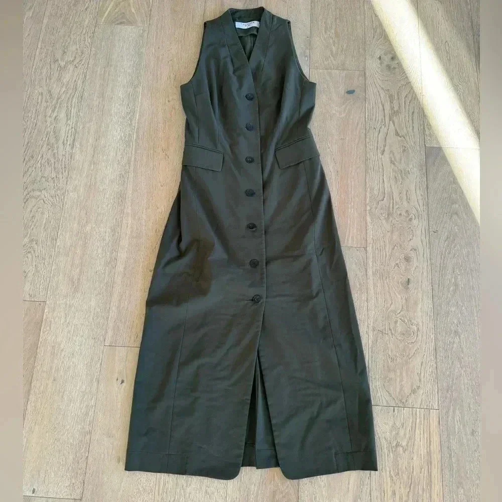 MM Lafleur Olive Sleeveless V-Neck Button-Front Midi Dress